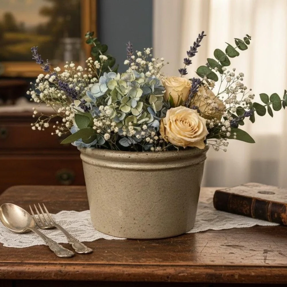 Vintage Style Stoneware Crock Salt Glaze Planter Utensil Holder Beige‎ Farmhouse